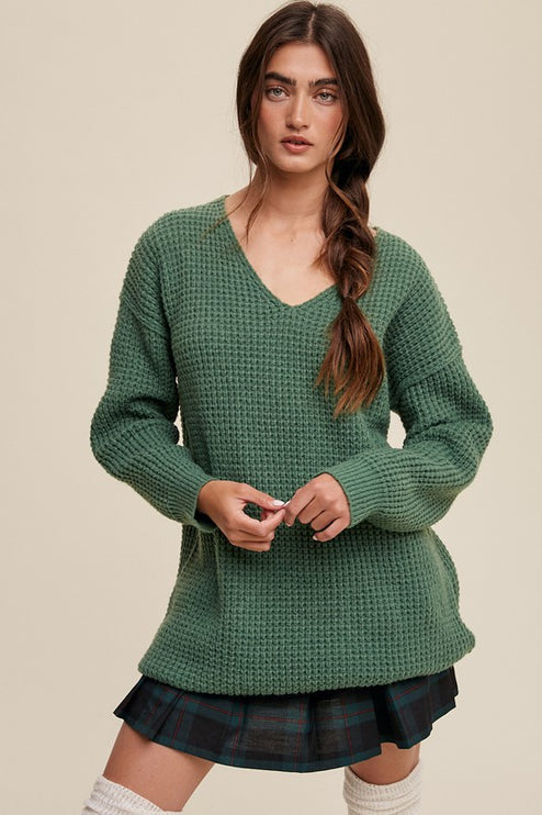 Solid Casual Relaxed Fit Oversized Slouchy V-neck Ribbed Knit Sweater - Accessoriesforever