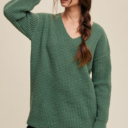 Solid Casual Relaxed Fit Oversized Slouchy V-neck Ribbed Knit Sweater - Accessoriesforever