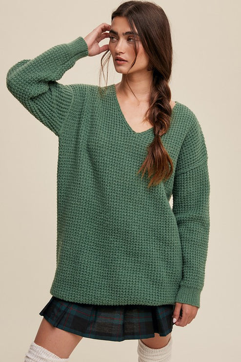 Solid Casual Relaxed Fit Oversized Slouchy V-neck Ribbed Knit Sweater