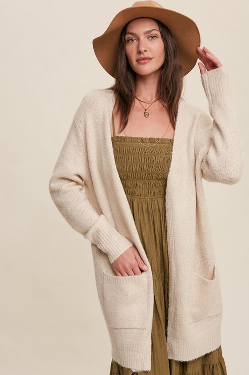 Solid Two Pocket Open-Front Long Knit Fashion Top Sweater Cardigan