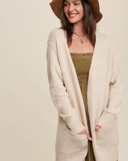 Solid Two Pocket Open-Front Long Knit Fashion Top Sweater Cardigan