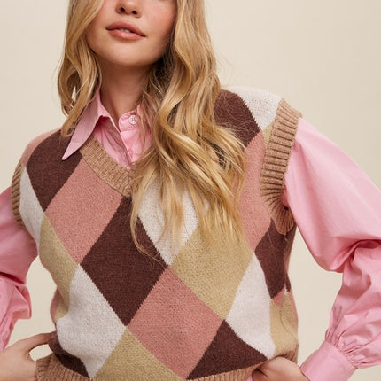 Geometric Argyle Cropped Knit Fashion Top Sweater Vest - Accessoriesforever