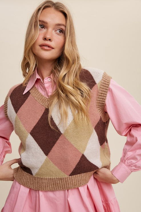 Geometric Argyle Cropped Knit Fashion Top Sweater Vest - Accessoriesforever