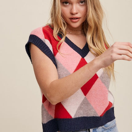 Geometric Argyle Cropped Knit Fashion Top Sweater Vest - Accessoriesforever