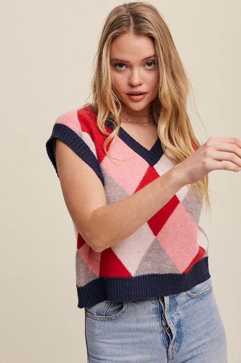 Geometric Argyle Cropped Knit Fashion Top Sweater Vest