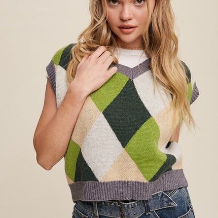 Geometric Argyle Cropped Knit Fashion Top Sweater Vest - Accessoriesforever