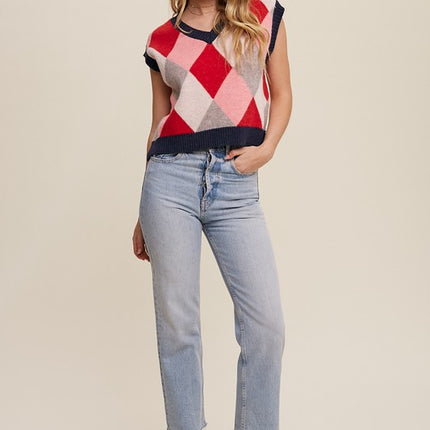 Geometric Argyle Cropped Knit Fashion Top Sweater Vest - Accessoriesforever
