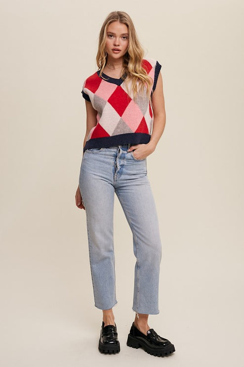 Geometric Argyle Cropped Knit Fashion Top Sweater Vest