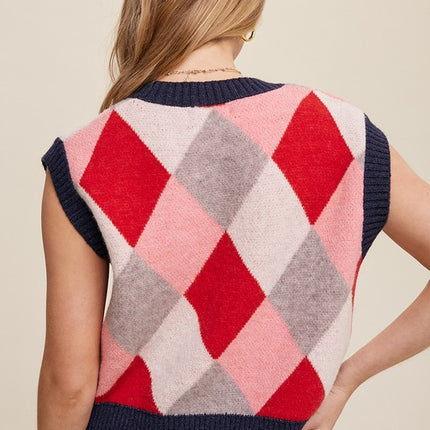 Geometric Argyle Cropped Knit Fashion Top Sweater Vest - Accessoriesforever
