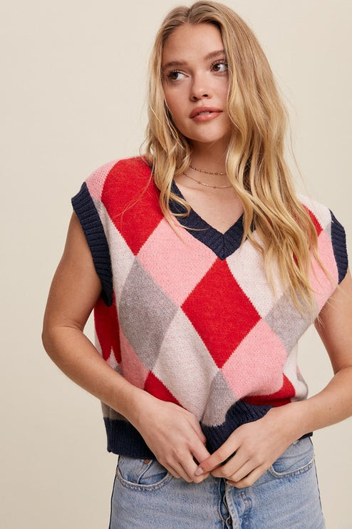 Geometric Argyle Cropped Knit Fashion Top Sweater Vest