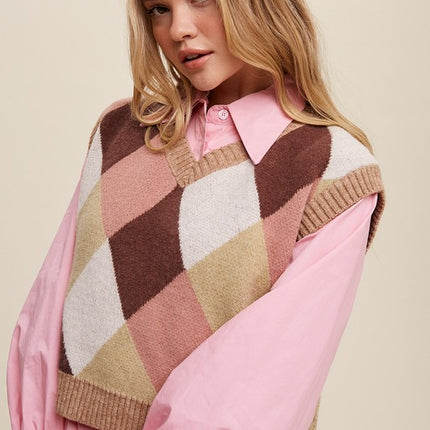 Geometric Argyle Cropped Knit Fashion Top Sweater Vest - Accessoriesforever