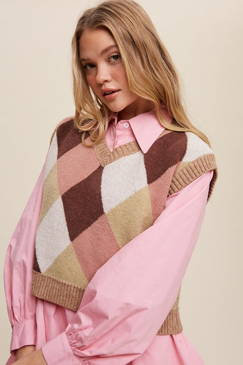 Geometric Argyle Cropped Knit Fashion Top Sweater Vest - Accessoriesforever
