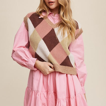 Geometric Argyle Cropped Knit Fashion Top Sweater Vest - Accessoriesforever