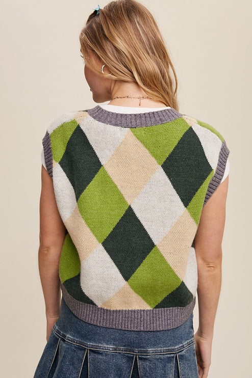 Geometric Argyle Cropped Knit Fashion Top Sweater Vest