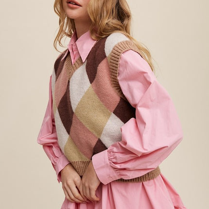 Geometric Argyle Cropped Knit Fashion Top Sweater Vest - Accessoriesforever
