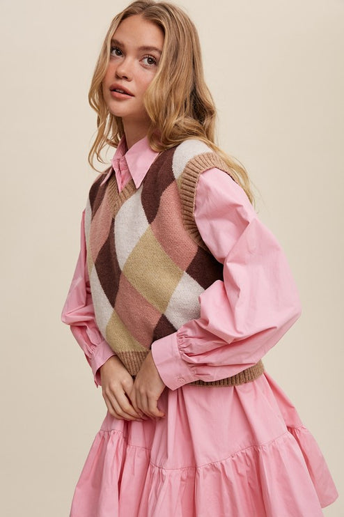 Geometric Argyle Cropped Knit Fashion Top Sweater Vest - Accessoriesforever