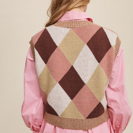 Geometric Argyle Cropped Knit Fashion Top Sweater Vest - Accessoriesforever