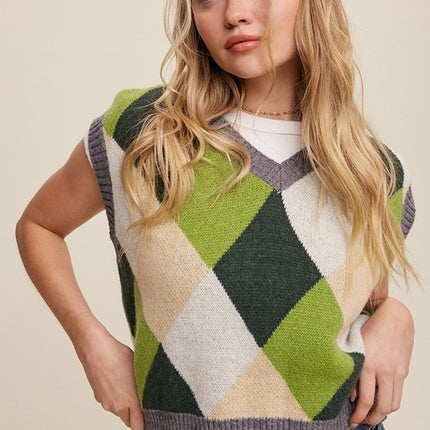 Geometric Argyle Cropped Knit Fashion Top Sweater Vest - Accessoriesforever