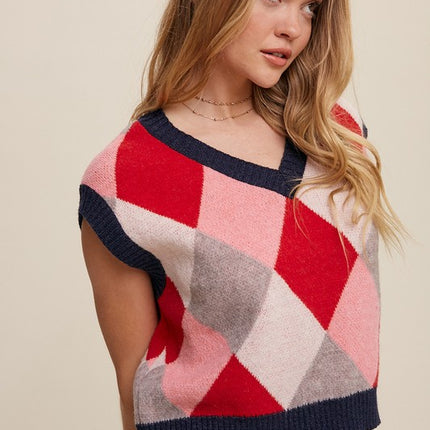 Geometric Argyle Cropped Knit Fashion Top Sweater Vest - Accessoriesforever