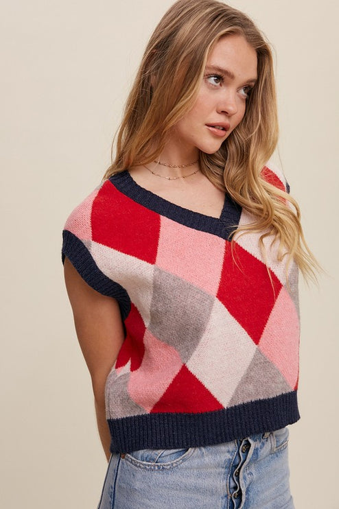 Geometric Argyle Cropped Knit Fashion Top