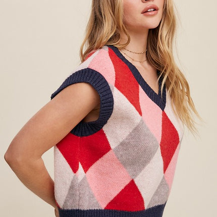 Geometric Argyle Cropped Knit Fashion Top Sweater Vest - Accessoriesforever