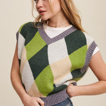 Geometric Argyle Cropped Knit Fashion Top Sweater Vest - Accessoriesforever