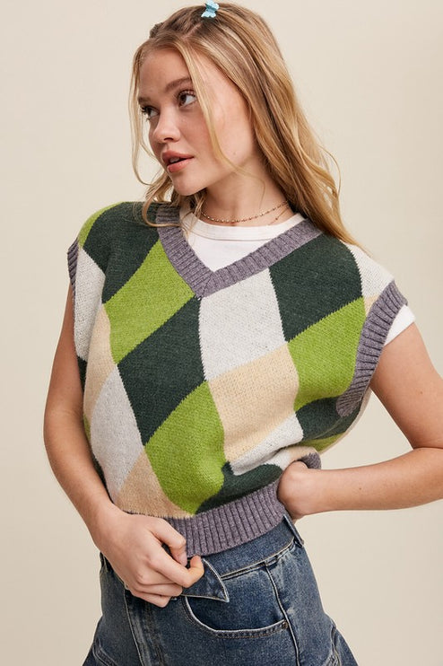 Geometric Argyle Cropped Knit Fashion Top Sweater Vest