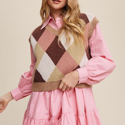 Geometric Argyle Cropped Knit Fashion Top Sweater Vest - Accessoriesforever
