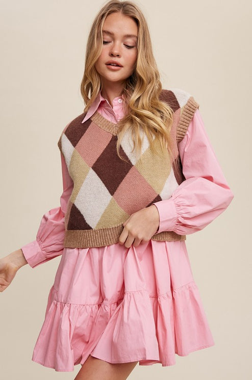 Geometric Argyle Cropped Knit Fashion Top Sweater Vest - Accessoriesforever