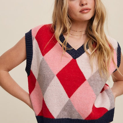 Geometric Argyle Cropped Knit Fashion Top Sweater Vest - Accessoriesforever