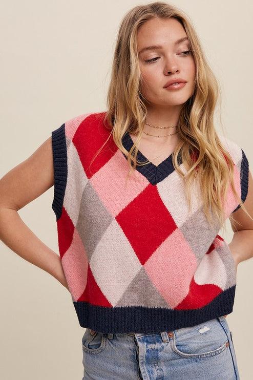 Geometric Argyle Cropped Knit Fashion Top Sweater Vest