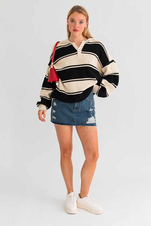 Causal Striped Collared Long Sleeve Oversized Sweater Top