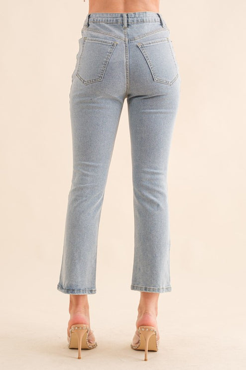 Studded Rhinestone Distressed Knee Edge Stretch High Rise Denim Jeans - Accessoriesforever