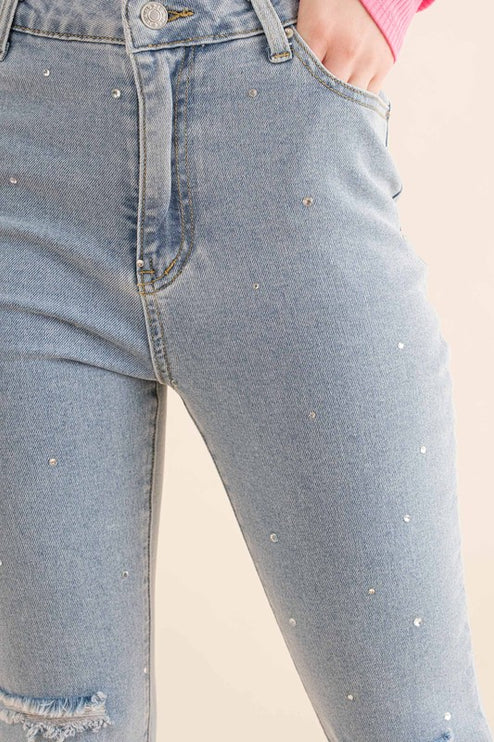 Studded Rhinestone Distressed Knee Edge Stretch High Rise Denim Jeans