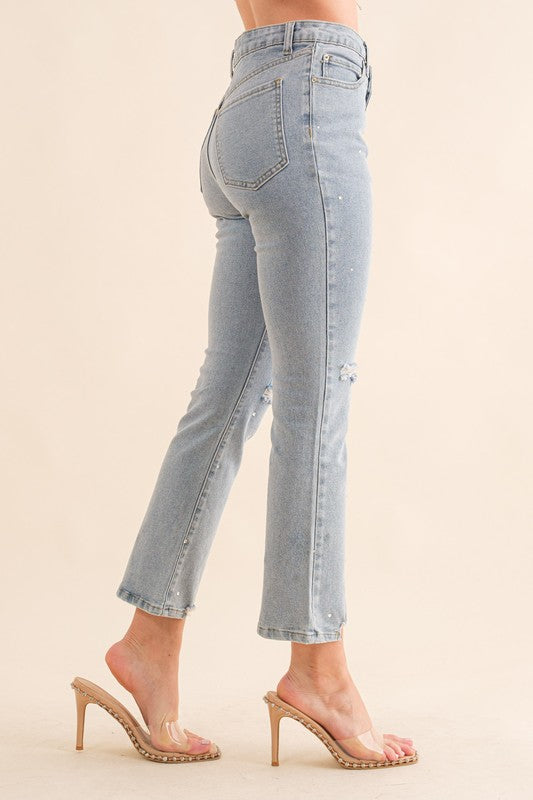 Studded Rhinestone Distressed Knee Edge Stretch High Rise Denim Jeans