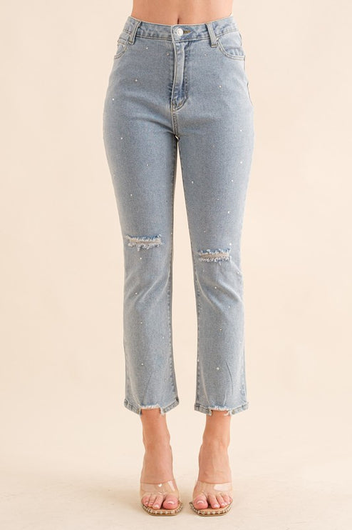 Studded Rhinestone Distressed Knee Edge Stretch High Rise Denim Jeans - Accessoriesforever