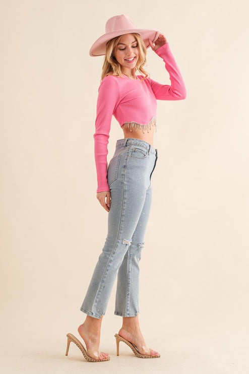Studded Rhinestone Distressed Knee Edge Stretch High Rise Denim Jeans - Accessoriesforever
