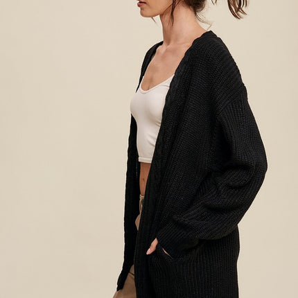 Simple Solid Stylish Cable Knit Open Front Fashion Long Cardigan