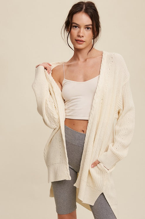 Simple Solid Stylish Cable Knit Open Front Fashion Long Cardigan - Accessoriesforever