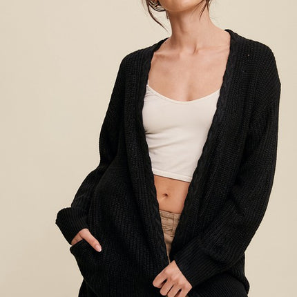 Simple Solid Stylish Cable Knit Open Front Fashion Long Cardigan