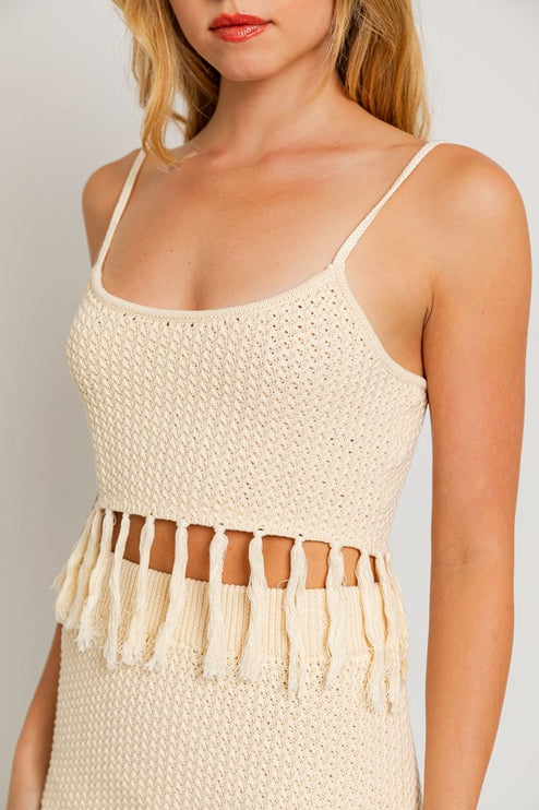 Adorable Tassel Detail Spaghetti Sweater Crop Top