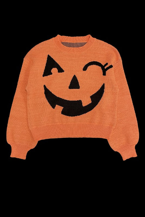 Cozy Knit Winky Face Pumpkin Halloween Fashion Sweater - Accessoriesforever