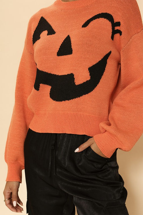 Cozy Knit Winky Face Pumpkin Halloween Fashion Sweater - Accessoriesforever