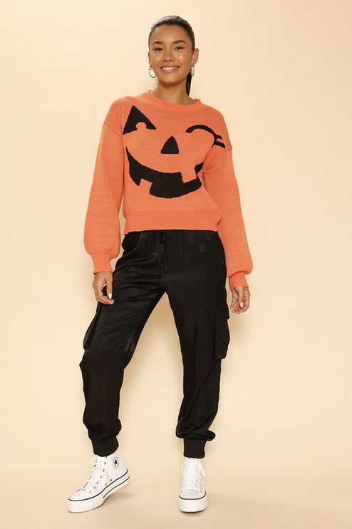 Cozy Knit Winky Face Pumpkin Halloween Fashion Sweater - Accessoriesforever