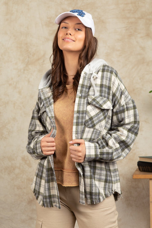 Stay In The Lead Olive Plaid Frayed Hoodie Jacket