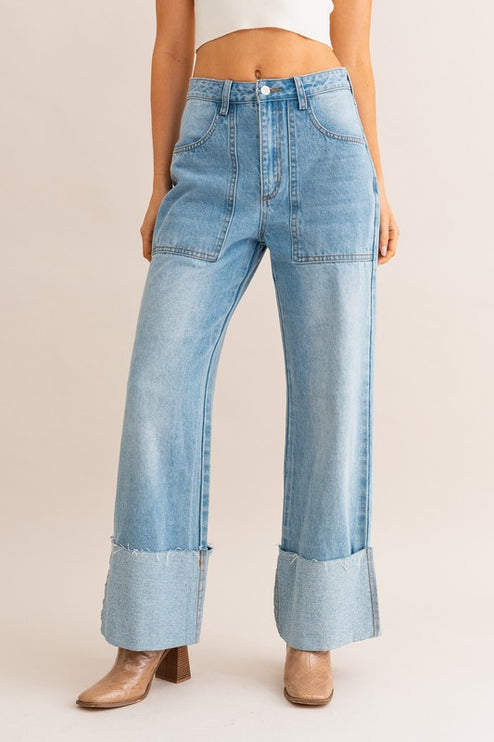 Stylish Comfy High-Waisted Wide Leg Cuffed Denim Pants Jeans