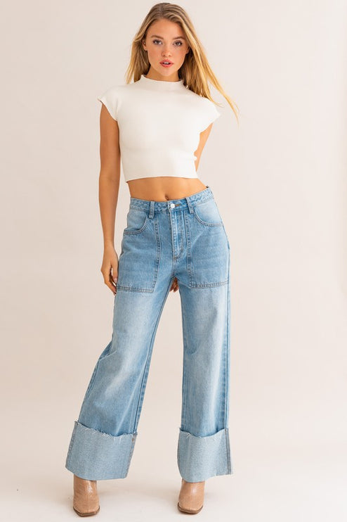 Stylish Comfy High-Waisted Wide Leg Cuffed Denim Pants Jeans