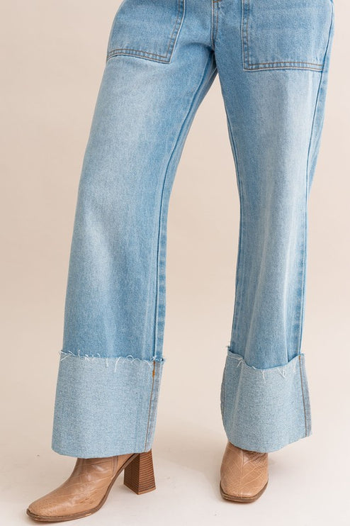 Stylish Comfy High-Waisted Wide Leg Cuffed Denim Pants Jeans