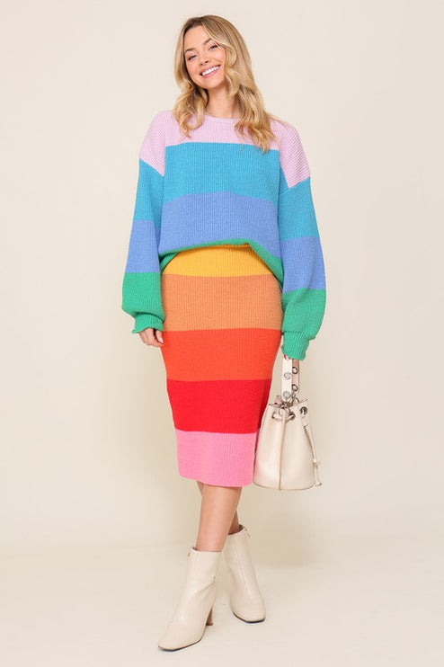 Chic Bold Rainbow Stripe Oversized Chunky Knit Pullover