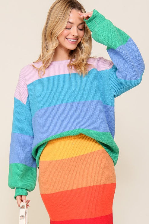 Chic Bold Rainbow Stripe Oversized Chunky Knit Pullover